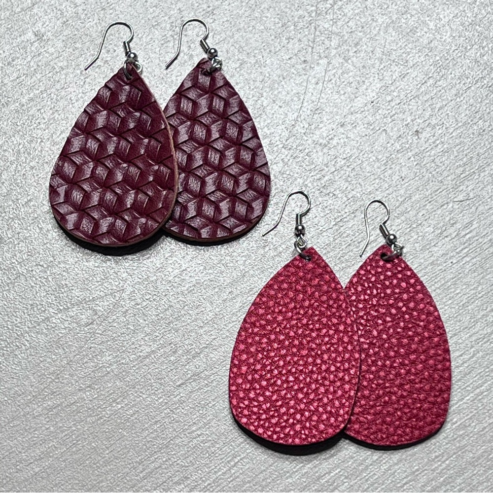 Bundle Leather Handmade Wine Red and Metallic Cherry Red Teardrop Earrings